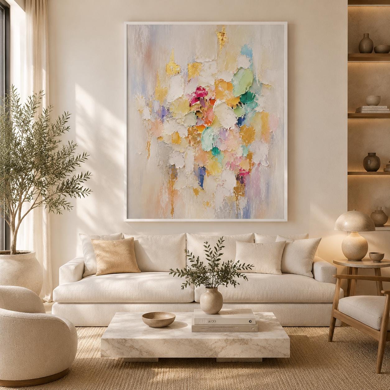 Handmade Pastel Textured Abstract Painting, White Gold Impasto Canvas Artwork