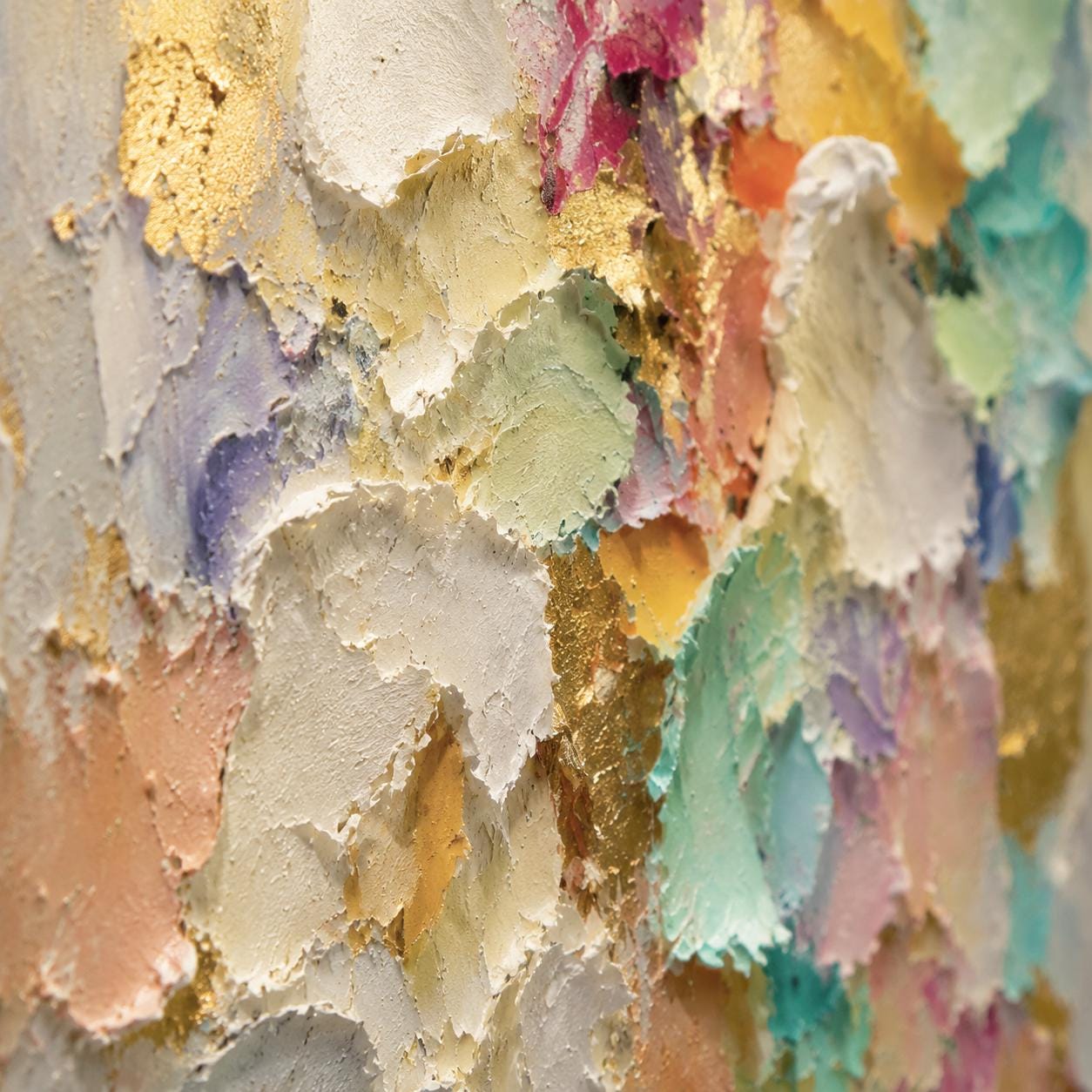 Handmade Pastel Textured Abstract Painting, White Gold Impasto Canvas Artwork