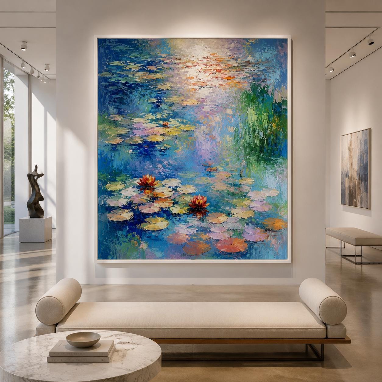 Textured Water Lily Pond Painting, Impressionist Blue Floral Canvas Art
