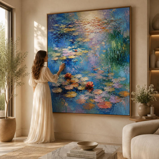 Textured Water Lily Pond Painting, Impressionist Blue Floral Canvas Art