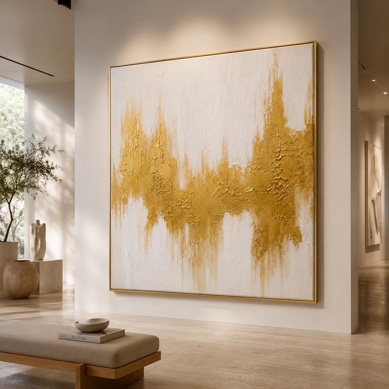 Gold Abstract Textured Painting, White Gold Wall Art, Luxury Modern Canvas Artwork, Metallic Impasto Painting
