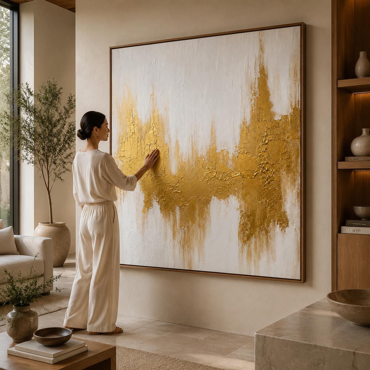 Gold Abstract Textured Painting, White Gold Wall Art, Luxury Modern Canvas Artwork, Metallic Impasto Painting