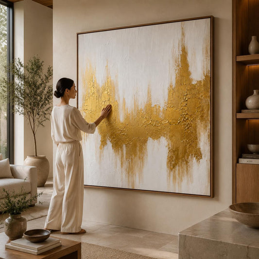 Gold Abstract Textured Painting, White Gold Wall Art, Luxury Modern Canvas Artwork, Metallic Impasto Painting