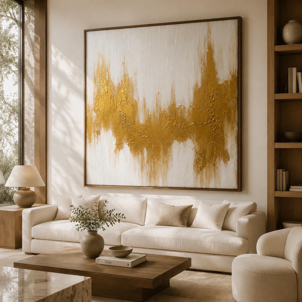Gold Abstract Textured Painting, White Gold Wall Art, Luxury Modern Canvas Artwork, Metallic Impasto Painting