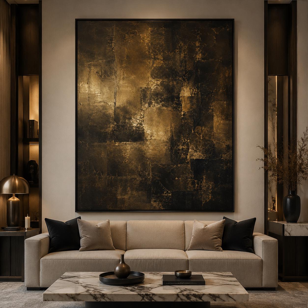 Luxury Black Gold Abstract Painting, Dark Metallic Wall Art, Textured Impasto Canvas, Modern Gold Abstract Artwork, Elegant Statement Decor