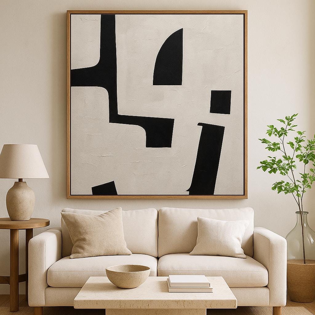 Handmade Textured Geometric Canvas Art, Black White Abstract Painting, Modern Living Room Decor