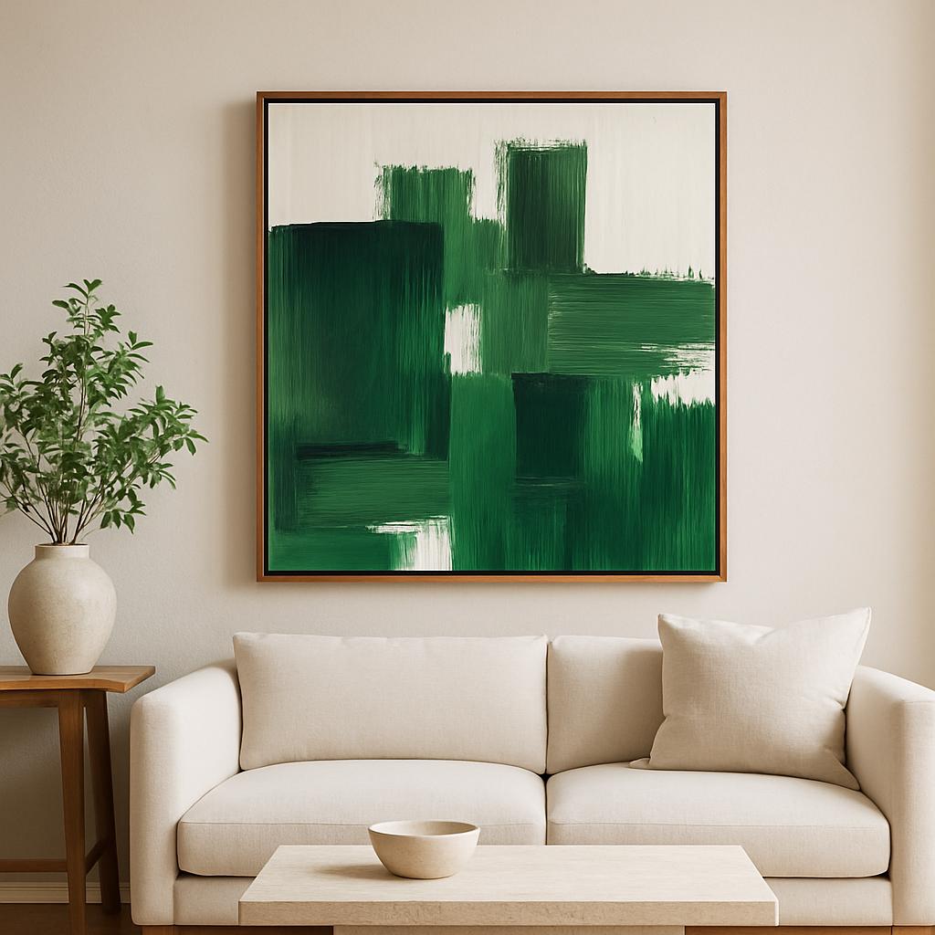 Textured Forest Green Geometric Abstract Canvas Art, Minimalist Living Room Painting