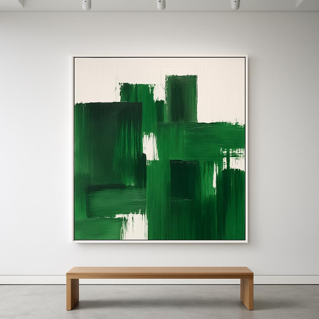 Textured Forest Green Geometric Abstract Canvas Art, Minimalist Living Room Painting