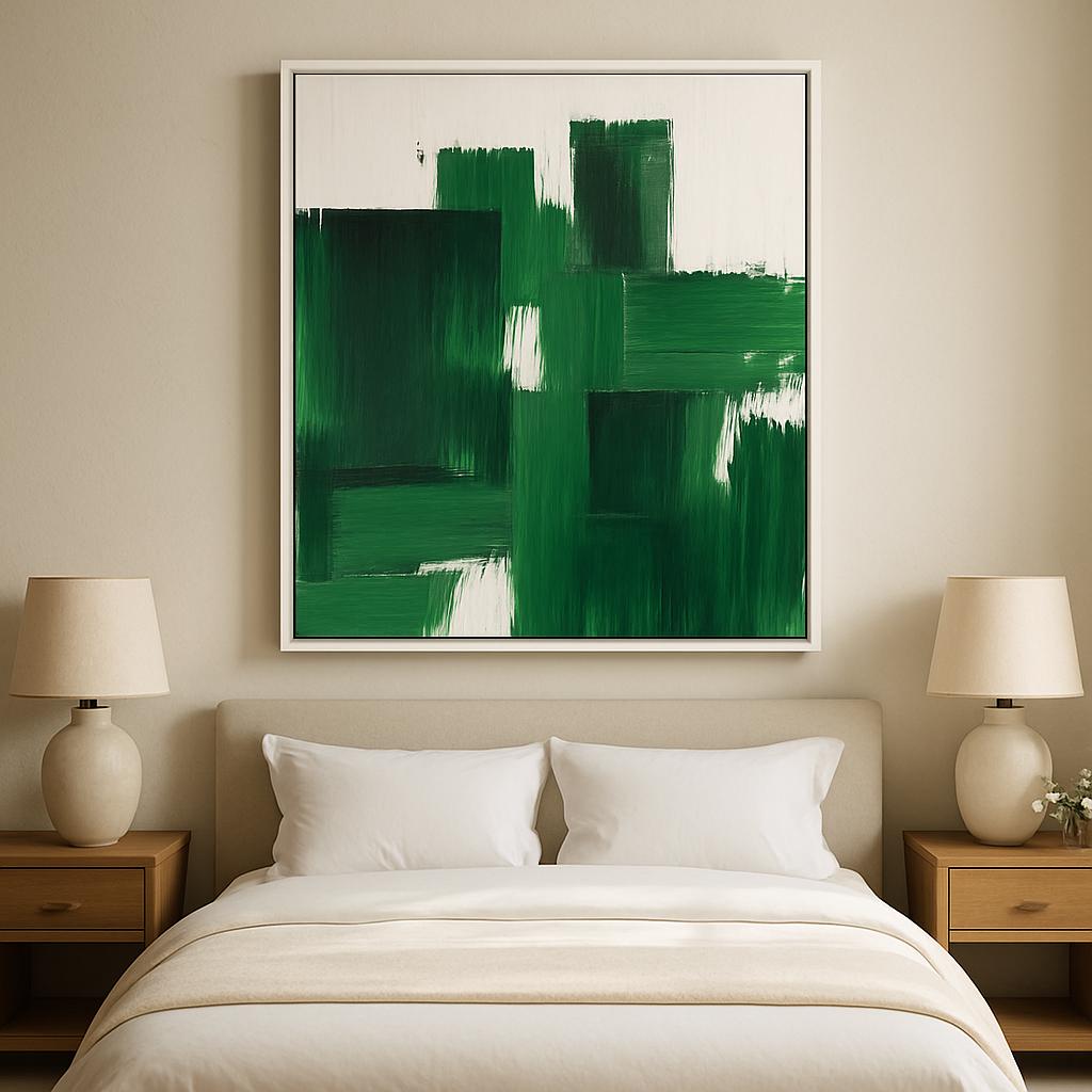 Textured Forest Green Geometric Abstract Canvas Art, Minimalist Living Room Painting