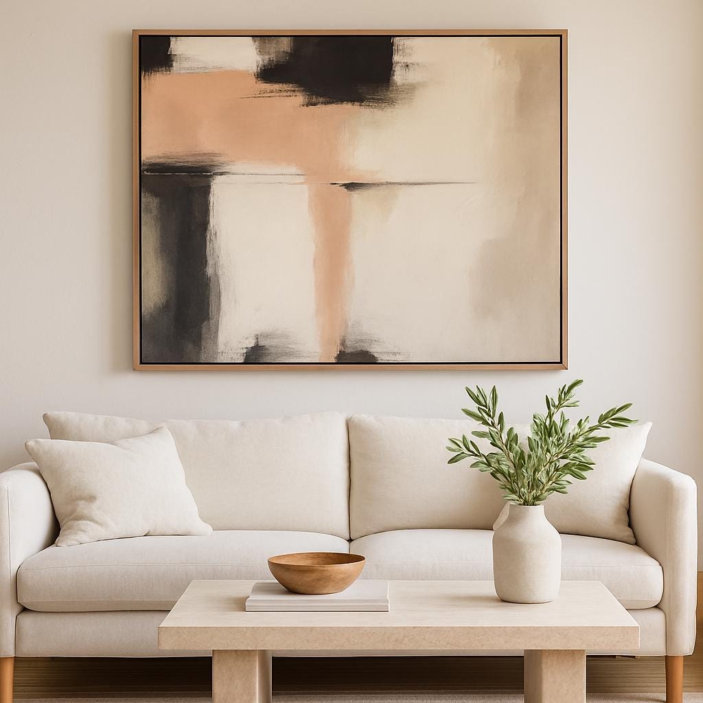 Handmade Textured Geometric Abstract Canvas, Peach Neutral Living Room Artwork