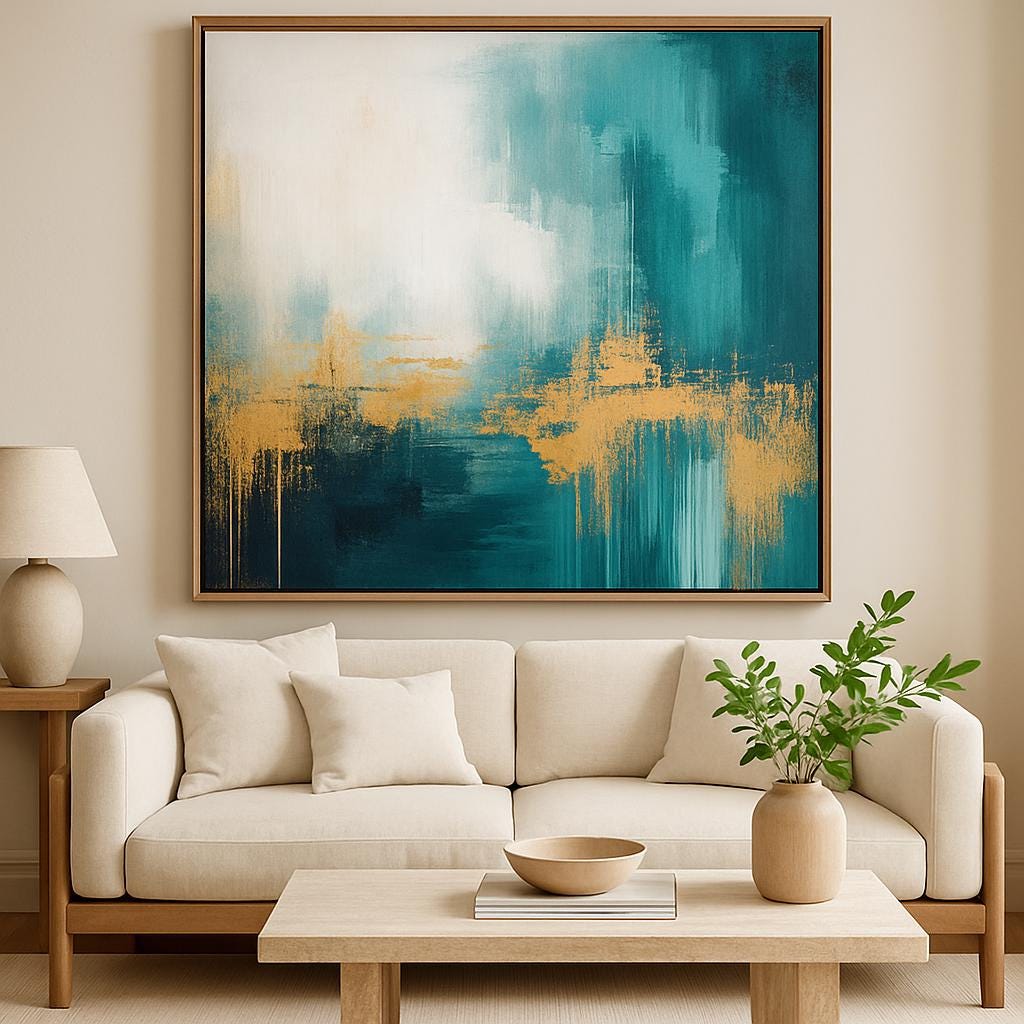 Luxurious Abstract Painting, Teal and Gold Texture Wall Art, Contemporary Canvas, Living Room Artwork, Minimalist Decor