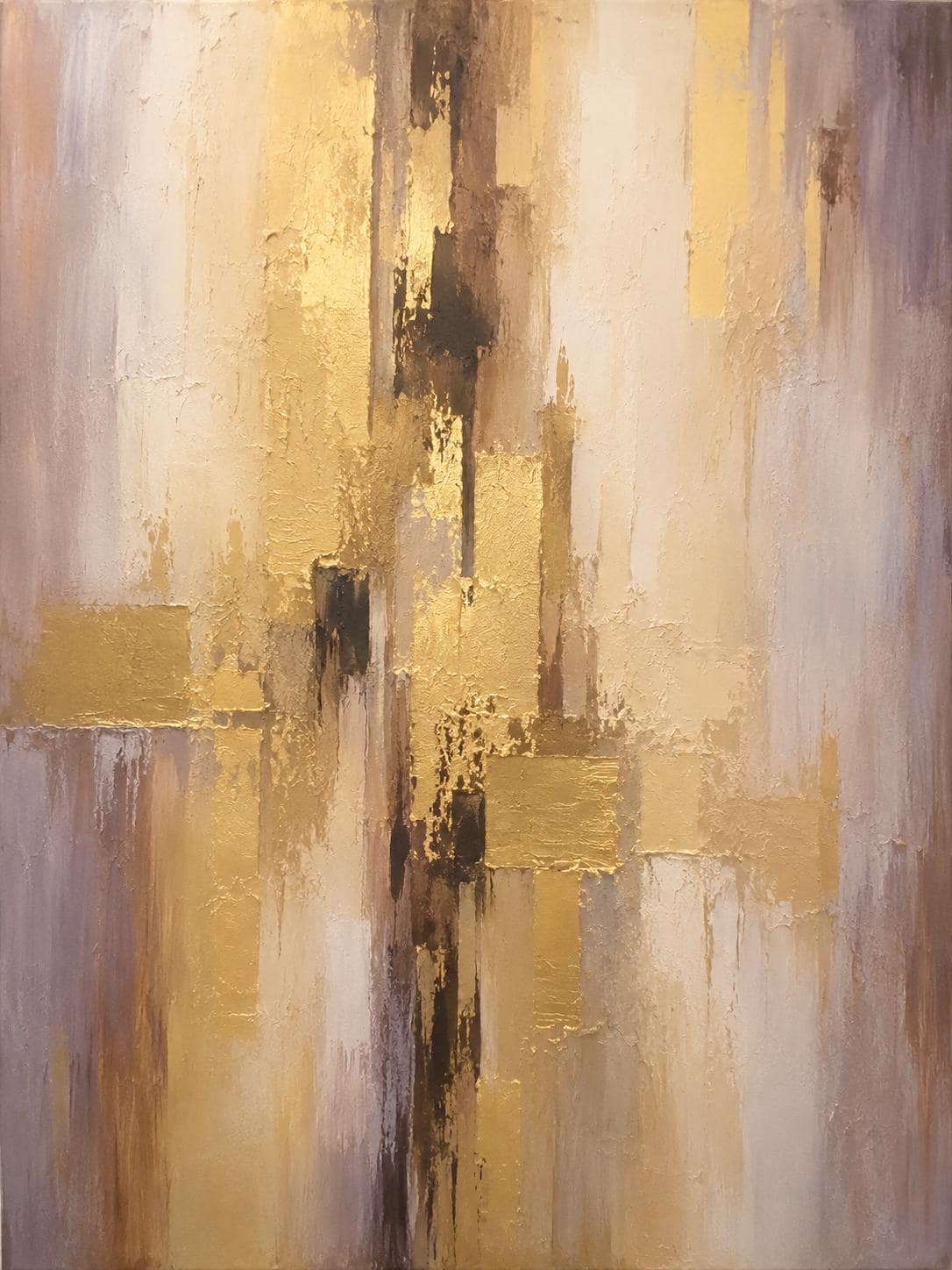 Handmade Gold Textured Abstract Painting, Geometric Living Room Artwork