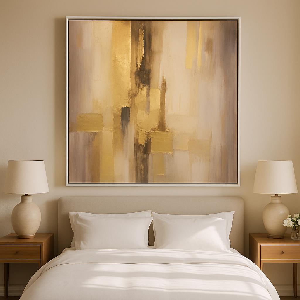 Handmade Gold Textured Abstract Painting, Geometric Living Room Artwork