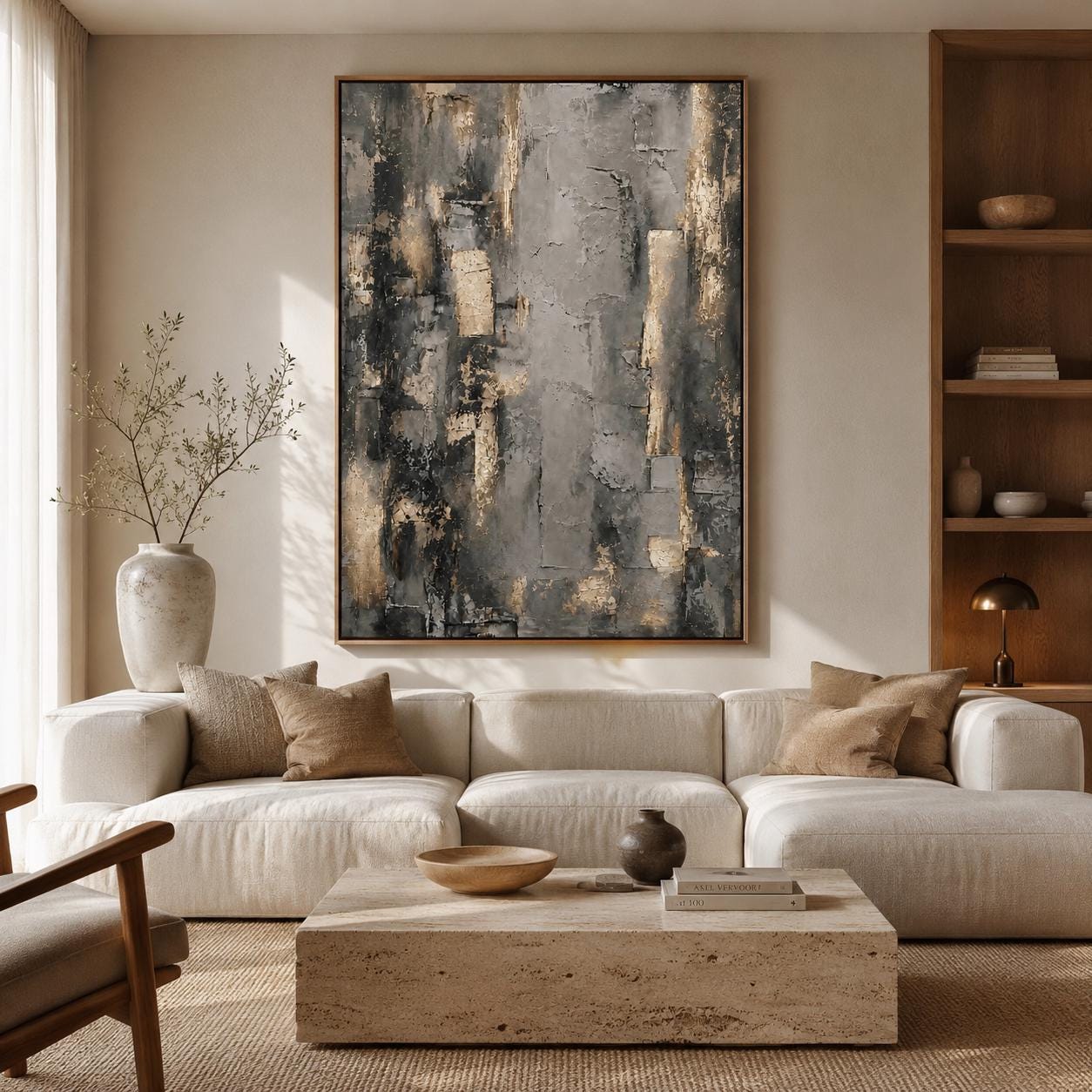 Gray Gold Abstract Wall Art, Textured Neutral Painting, Modern Geometric Canvas, Luxury Contemporary Artwork, Metallic Minimalist Decor