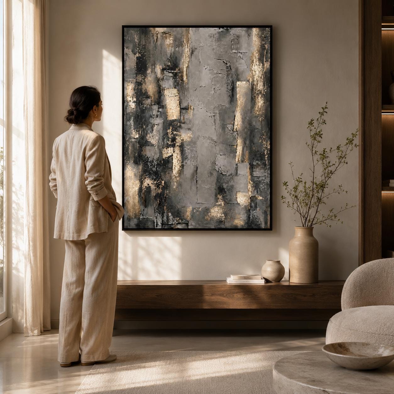 Gray Gold Abstract Wall Art, Textured Neutral Painting, Modern Geometric Canvas, Luxury Contemporary Artwork, Metallic Minimalist Decor
