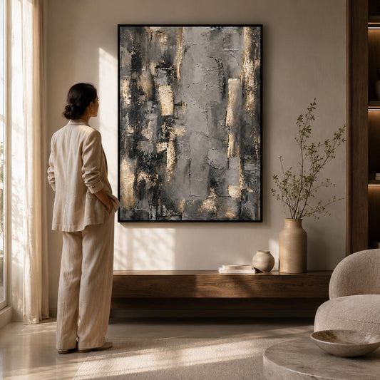Gray Gold Abstract Wall Art, Textured Neutral Painting, Modern Geometric Canvas, Luxury Contemporary Artwork, Metallic Minimalist Decor