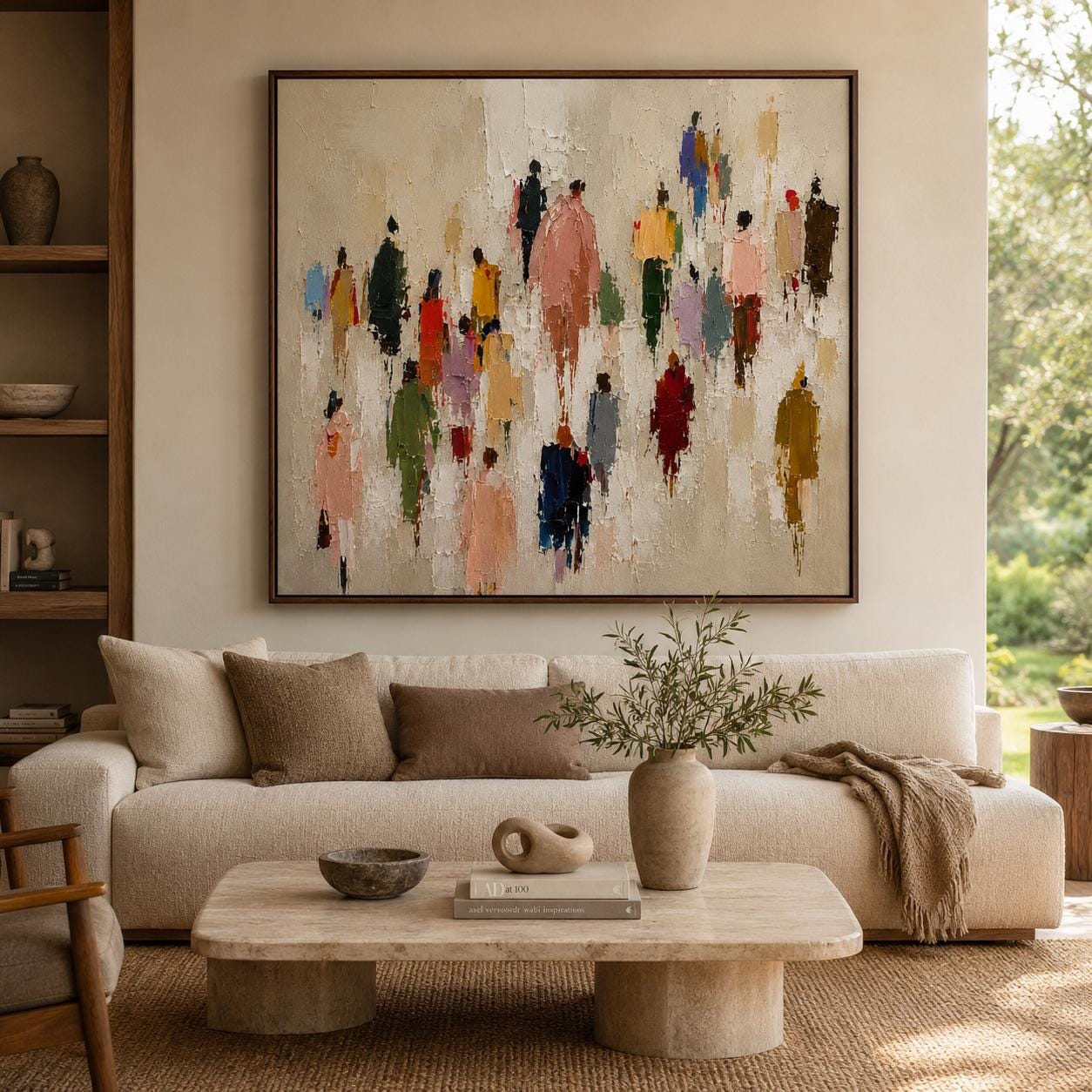 Vibrant Abstract Figures Painting, Muted Pink Dynamic Wall Art, Impressionist Canvas, Living Room Artwork, Urban Chic Decor