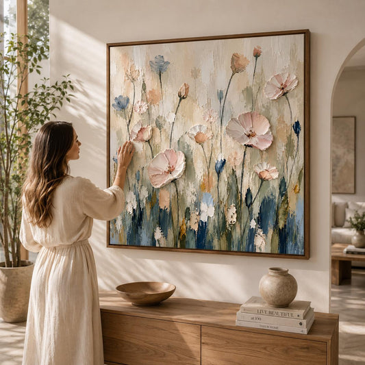 Serene Floral Painting, Soft Pink & Blue Textured Wall Art, Impressionist Canvas, Dining Room Artwork, Cottagecore Decor