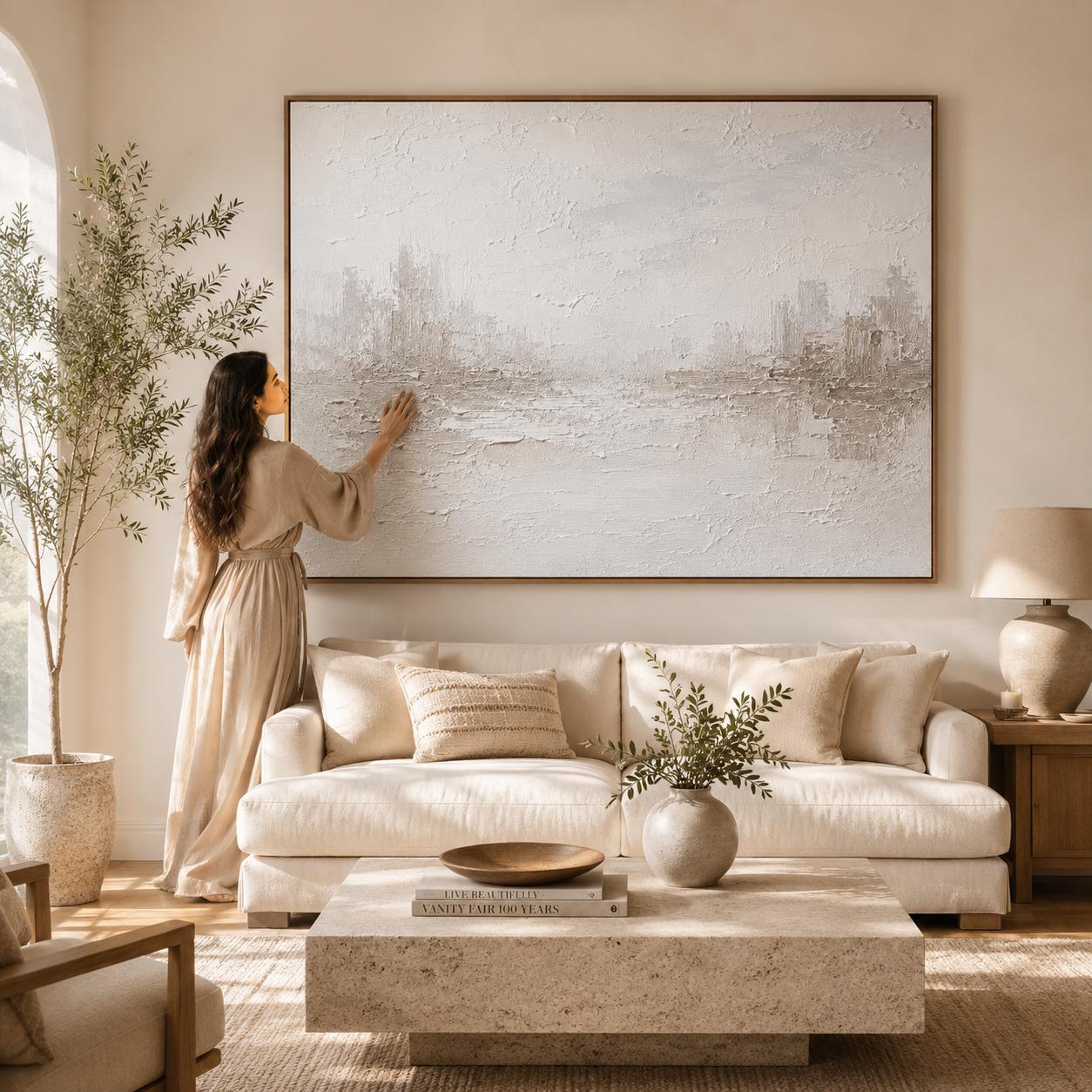 Handmade Textured Cityscape Painting, Warm Beige Abstract Canvas Art
