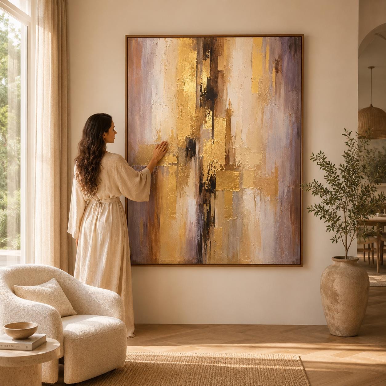 Handmade Gold Textured Abstract Painting, Geometric Living Room Artwork