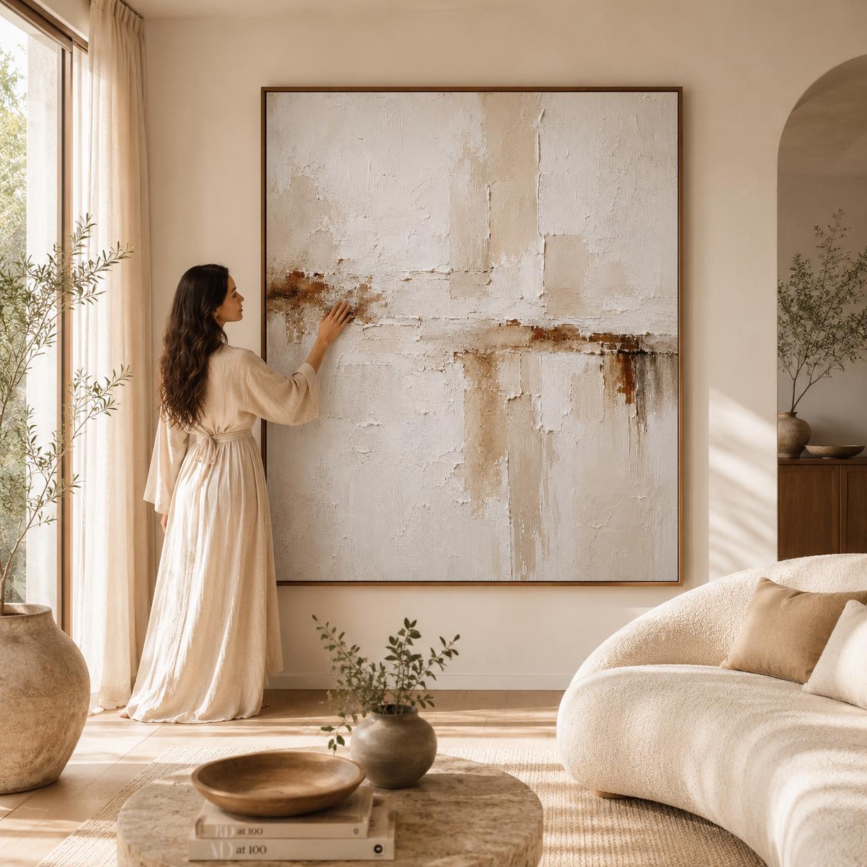 Handmade Textured Abstract Painting, Earthy Beige Living Room Wall Art