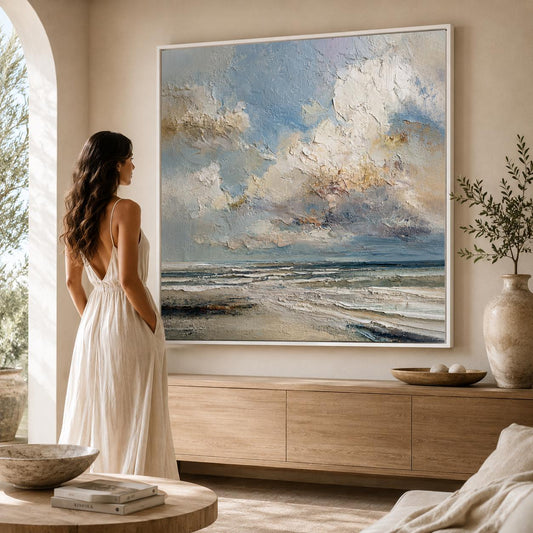 Ocean Horizon Wall Art, Textured Seascape Painting, Coastal Impasto Canvas, Blue Neutral Beach Artwork, Modern Ocean Landscape Decor