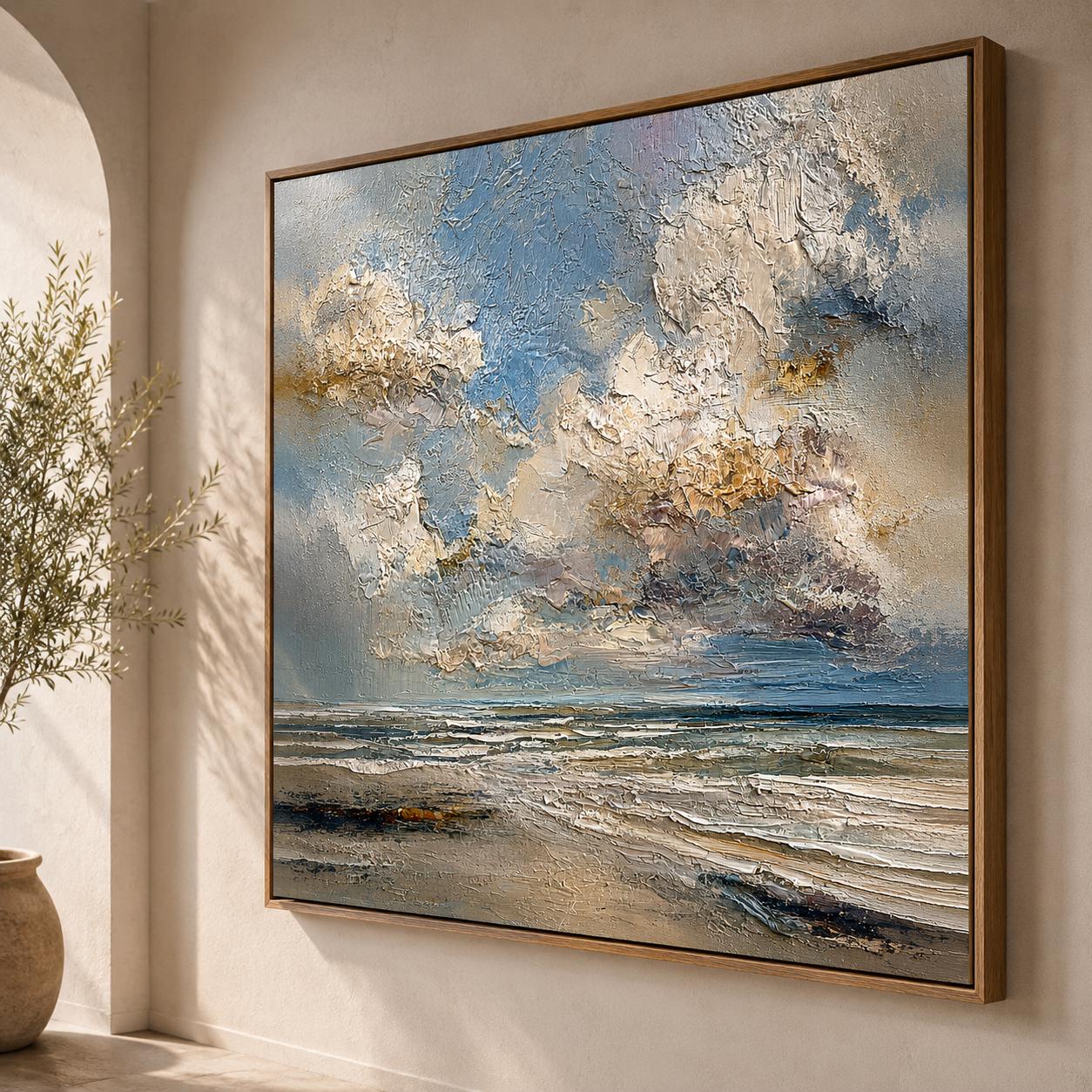 Ocean Horizon Wall Art, Textured Seascape Painting, Coastal Impasto Canvas, Blue Neutral Beach Artwork, Modern Ocean Landscape Decor