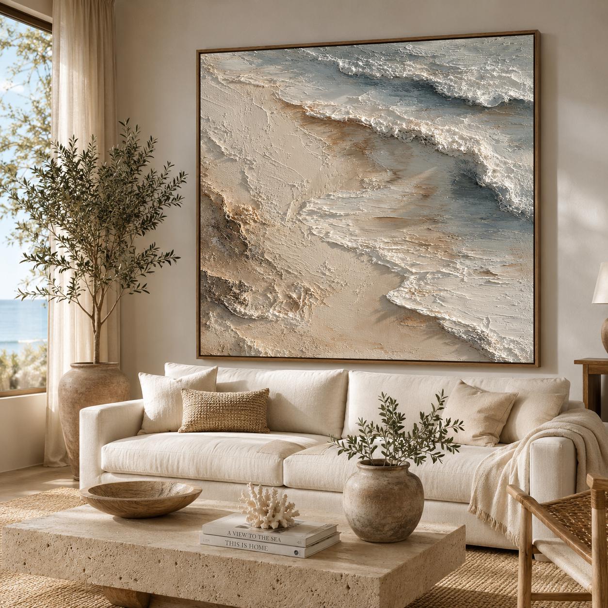 Textured Beach Wave Wall Art, Coastal Ocean Painting, Sandy Shore Impasto Canvas, Neutral Seascape Artwork, Luxury Beach Decor