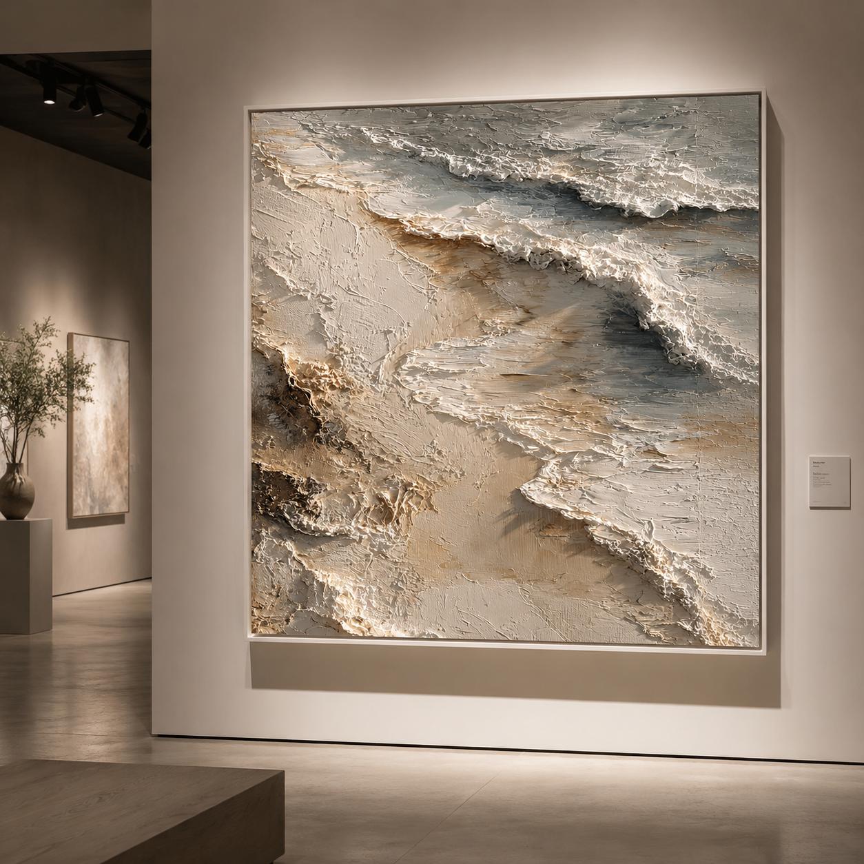 Textured Beach Wave Wall Art, Coastal Ocean Painting, Sandy Shore Impasto Canvas, Neutral Seascape Artwork, Luxury Beach Decor