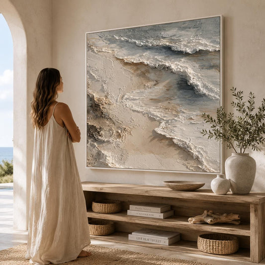 Textured Beach Wave Wall Art, Coastal Ocean Painting, Sandy Shore Impasto Canvas, Neutral Seascape Artwork, Luxury Beach Decor