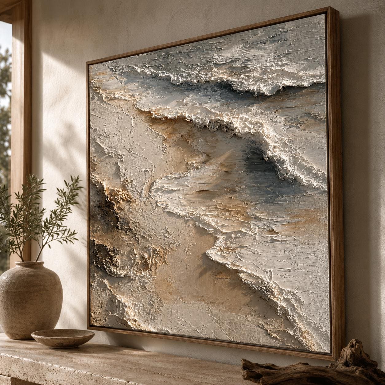 Textured Beach Wave Wall Art, Coastal Ocean Painting, Sandy Shore Impasto Canvas, Neutral Seascape Artwork, Luxury Beach Decor