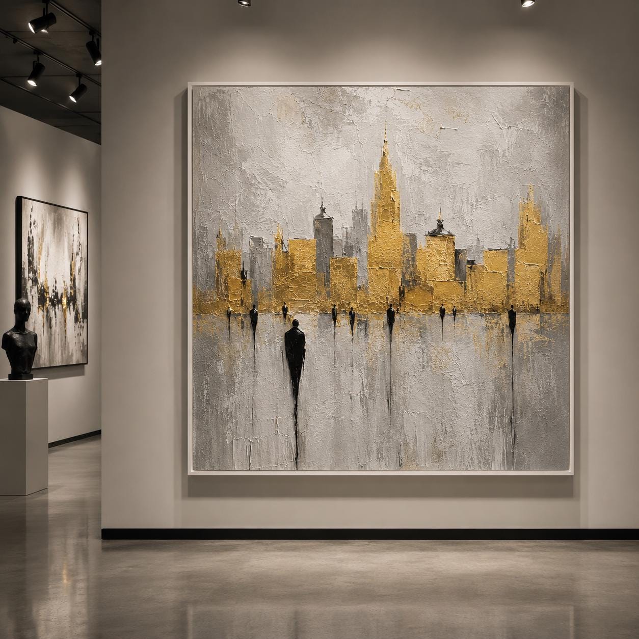 Gold City Skyline Wall Art, Textured Abstract Cityscape Painting, Luxury Modern Canvas, Gold Leaf Urban Artwork, Minimalist Skyline Decor
