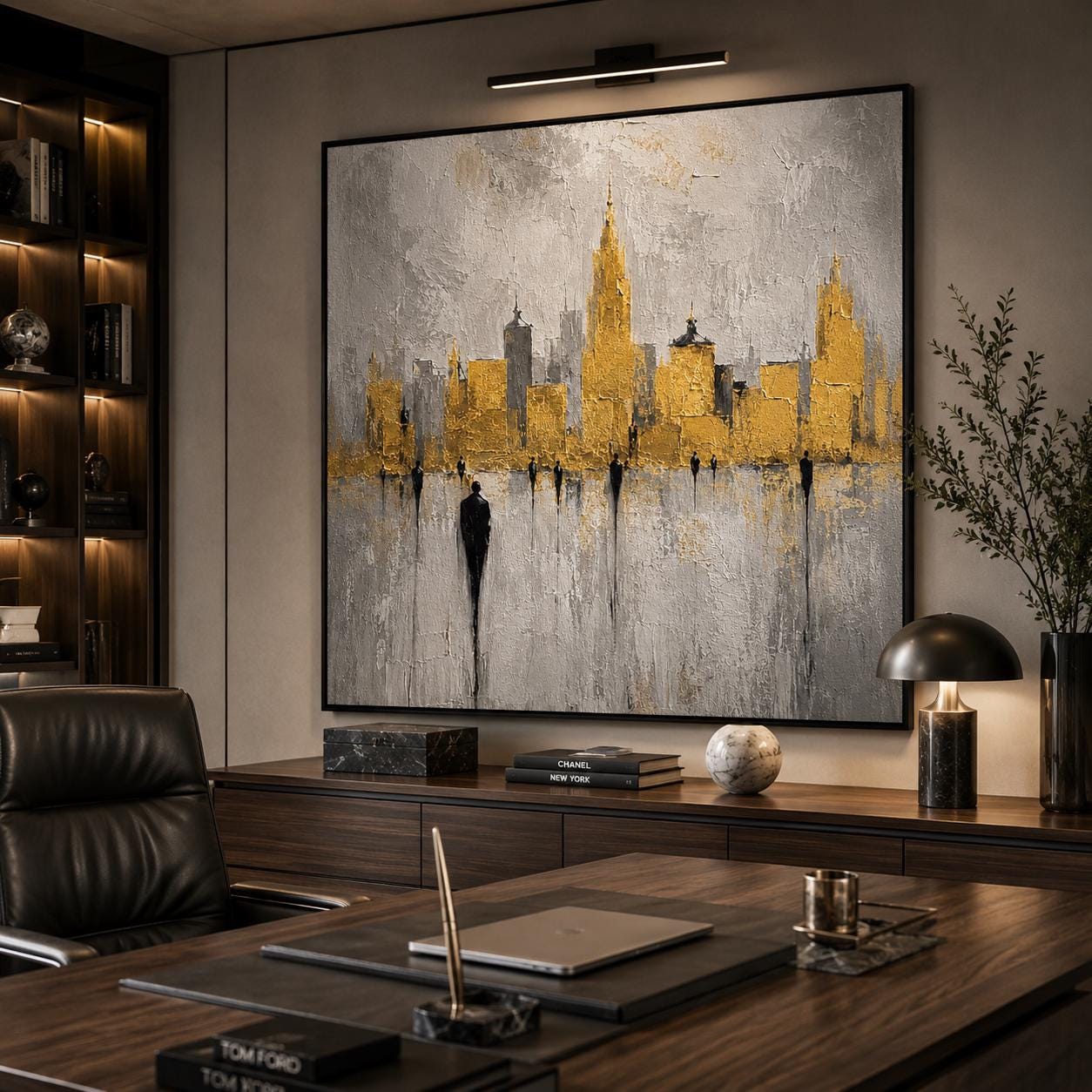 Gold City Skyline Wall Art, Textured Abstract Cityscape Painting, Luxury Modern Canvas, Gold Leaf Urban Artwork, Minimalist Skyline Decor