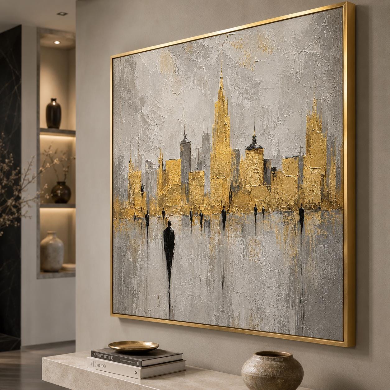 Gold City Skyline Wall Art, Textured Abstract Cityscape Painting, Luxury Modern Canvas, Gold Leaf Urban Artwork, Minimalist Skyline Decor