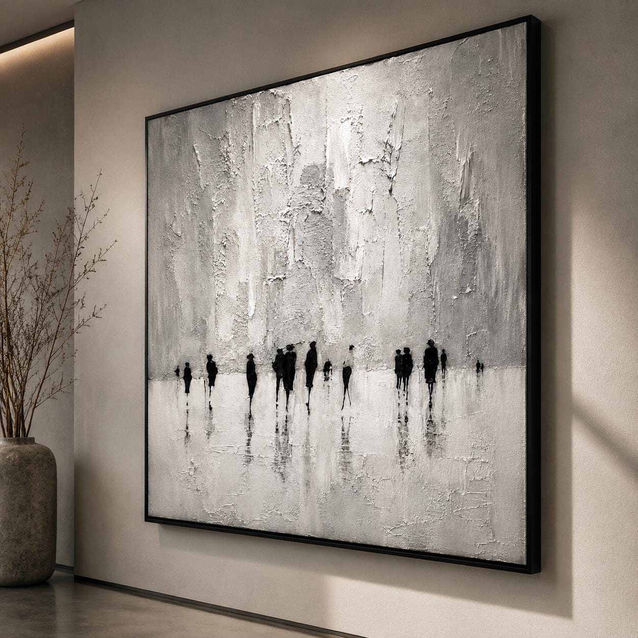 Black and White Abstract Figurative Painting, Minimalist Textured Wall Art, Modern Contemporary Canvas, Monochrome Human Silhouette Artwork