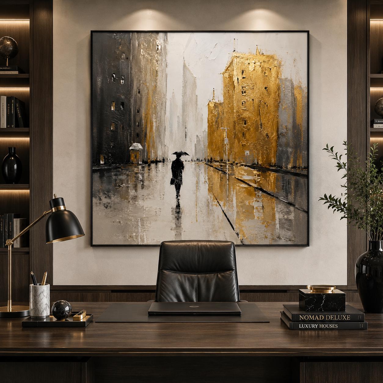 Gold Cityscape Wall Art, Textured Urban Painting, Luxury Skyline Canvas, Modern Abstract City Painting, Black Gold Contemporary Decor