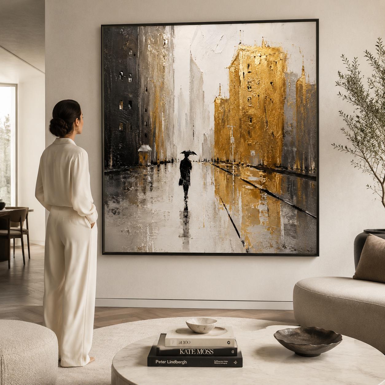 Gold Cityscape Wall Art, Textured Urban Painting, Luxury Skyline Canvas, Modern Abstract City Painting, Black Gold Contemporary Decor