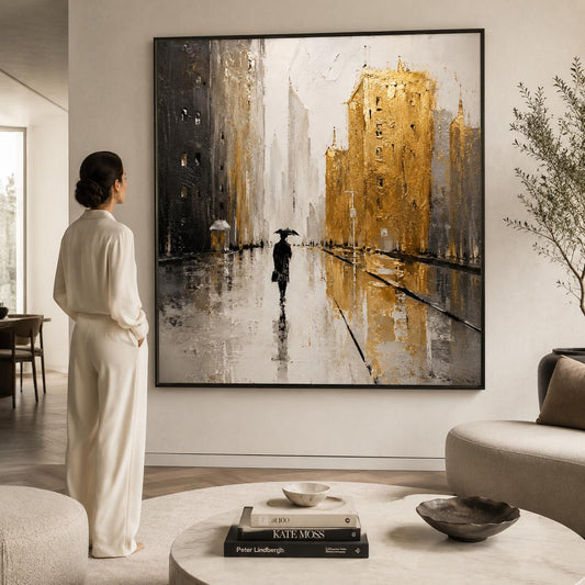 Gold Cityscape Wall Art, Textured Urban Painting, Luxury Skyline Canvas, Modern Abstract City Painting, Black Gold Contemporary Decor