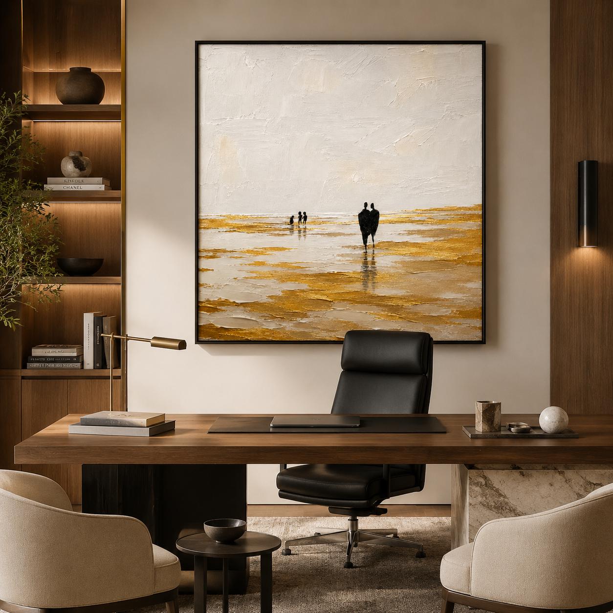 Gold Beach Abstract Painting, Textured Ocean Wall Art, Minimalist Coastal Canvas, Luxury Seascape Artwork, Black Figure Modern Decor