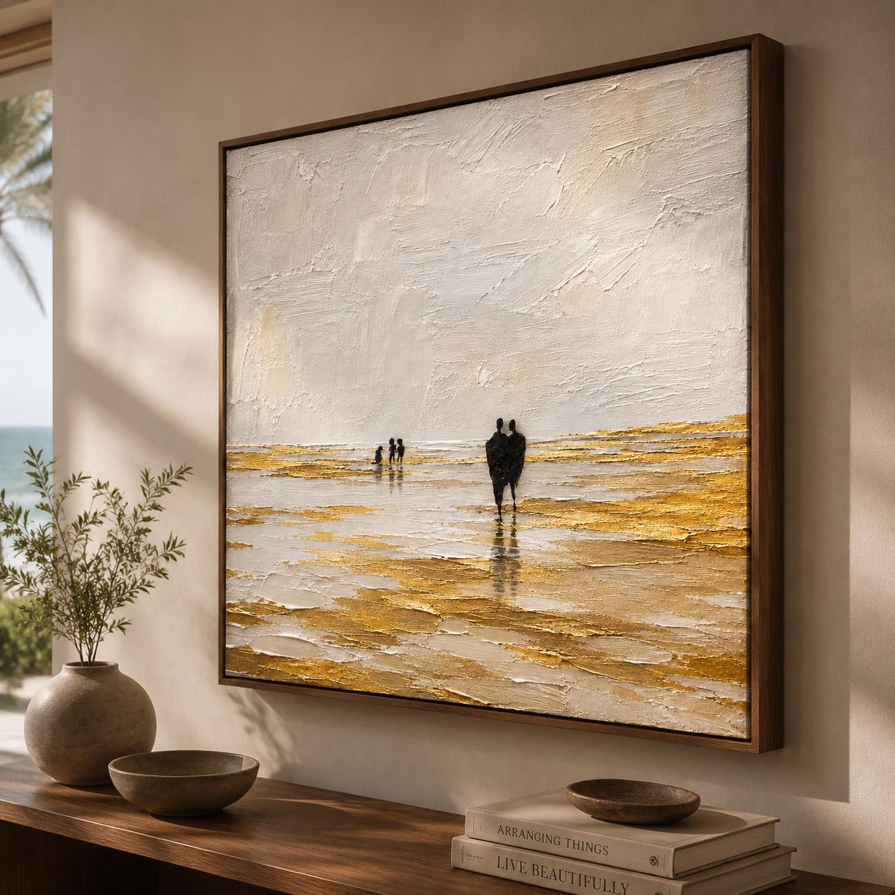 Gold Beach Abstract Painting, Textured Ocean Wall Art, Minimalist Coastal Canvas, Luxury Seascape Artwork, Black Figure Modern Decor