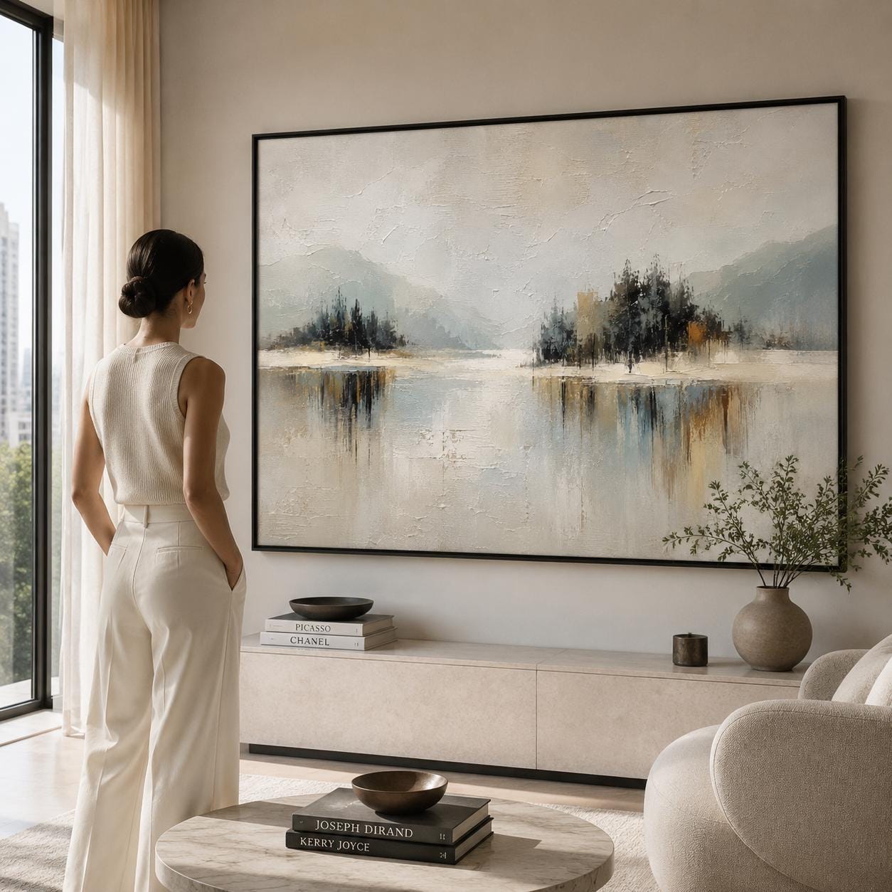 Abstract Landscape Wall Art, Textured Mountain Painting, Minimalist Nature Canvas, Neutral Modern Artwork, Contemporary Lake View Decor