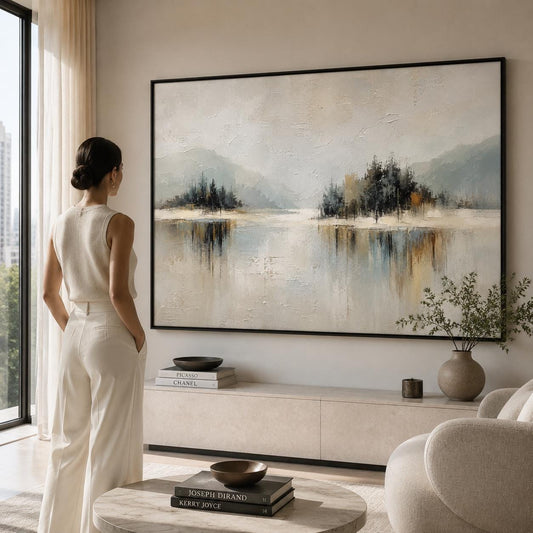 Abstract Landscape Wall Art, Textured Mountain Painting, Minimalist Nature Canvas, Neutral Modern Artwork, Contemporary Lake View Decor