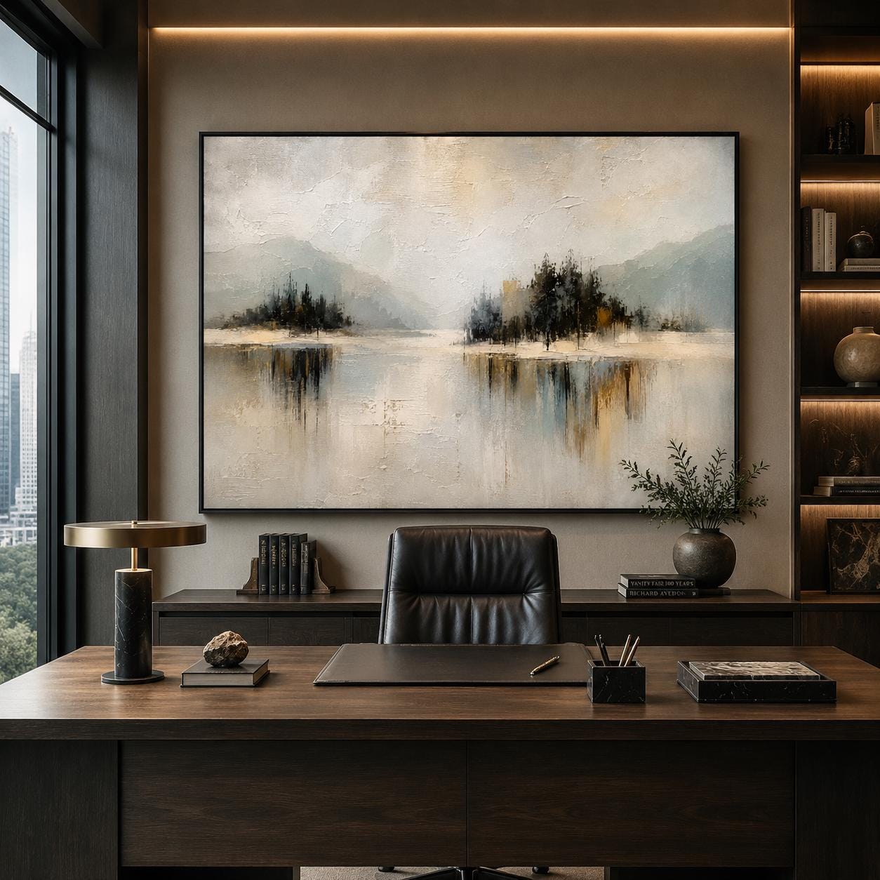 Abstract Landscape Wall Art, Textured Mountain Painting, Minimalist Nature Canvas, Neutral Modern Artwork, Contemporary Lake View Decor