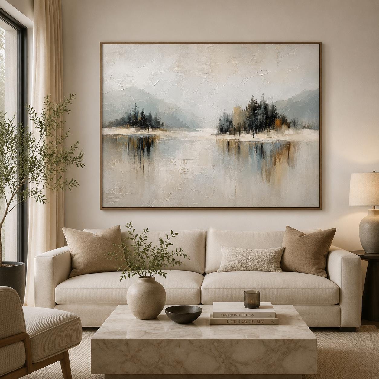 Abstract Landscape Wall Art, Textured Mountain Painting, Minimalist Nature Canvas, Neutral Modern Artwork, Contemporary Lake View Decor