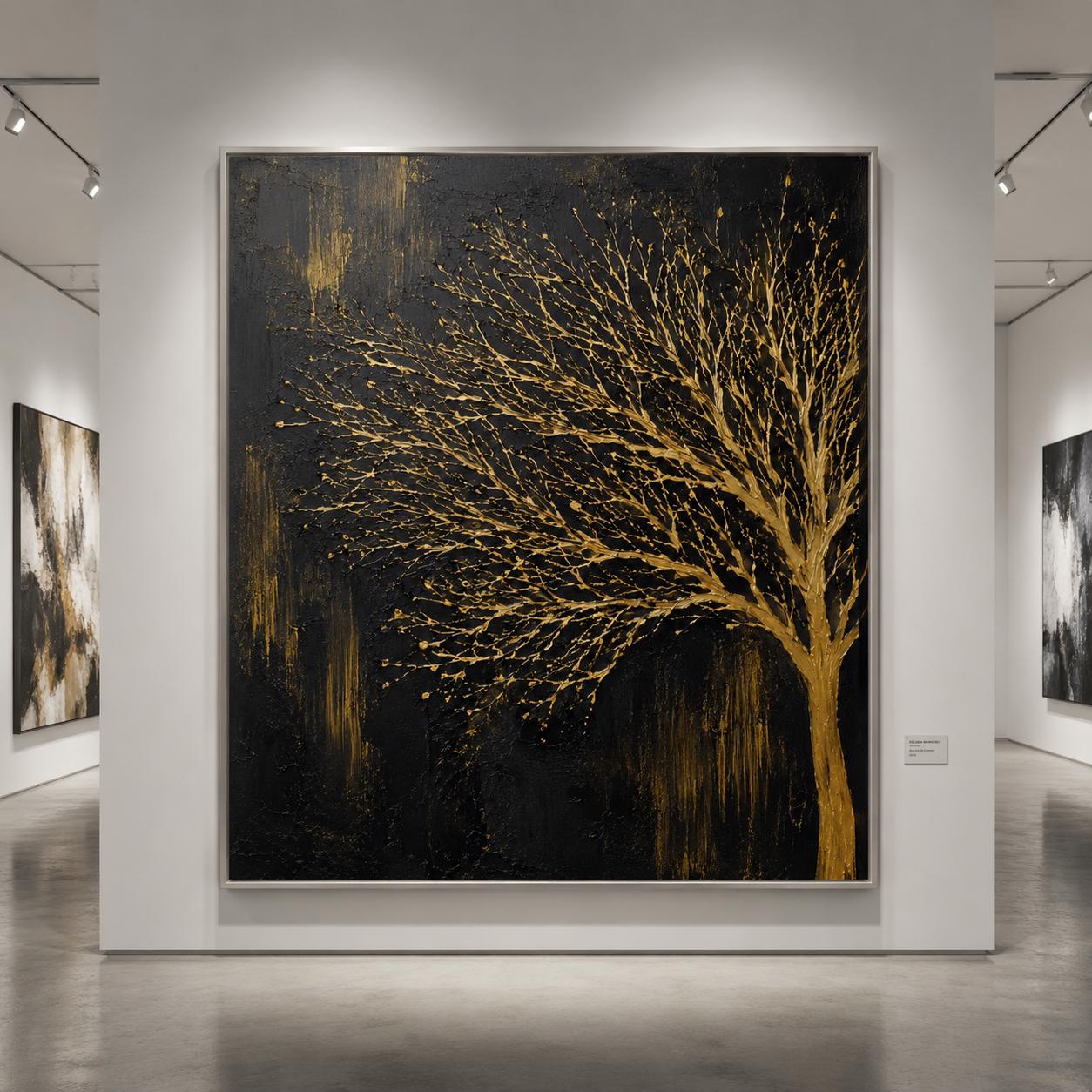 Black Gold Tree Wall Art, Textured Tree Painting, Luxury Abstract Nature Artwork, Modern Metallic Gold Canvas, Contemporary Minimalist Decor