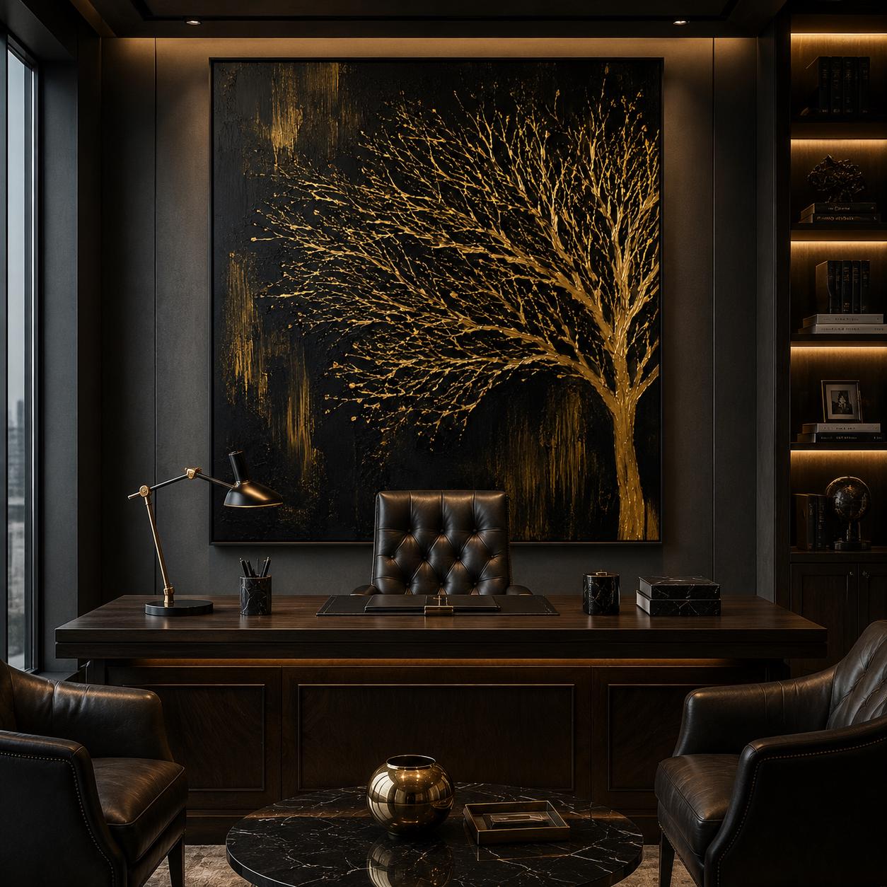 Black Gold Tree Wall Art, Textured Tree Painting, Luxury Abstract Nature Artwork, Modern Metallic Gold Canvas, Contemporary Minimalist Decor