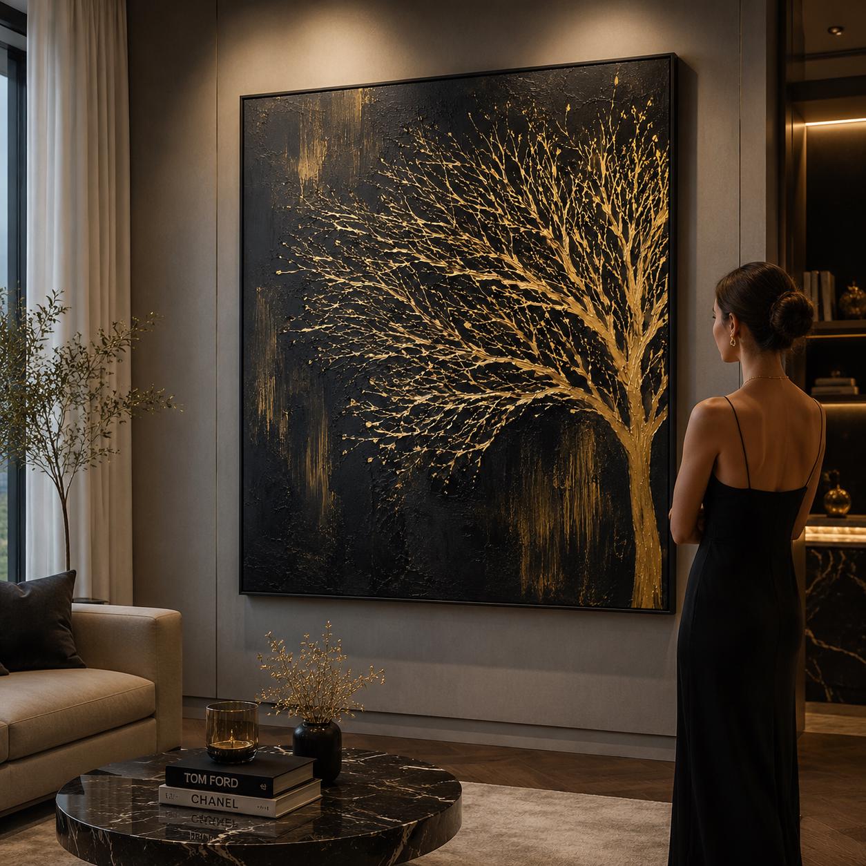 Black Gold Tree Wall Art, Textured Tree Painting, Luxury Abstract Nature Artwork, Modern Metallic Gold Canvas, Contemporary Minimalist Decor