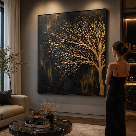 Black Gold Tree Wall Art, Textured Tree Painting, Luxury Abstract Nature Artwork, Modern Metallic Gold Canvas, Contemporary Minimalist Decor