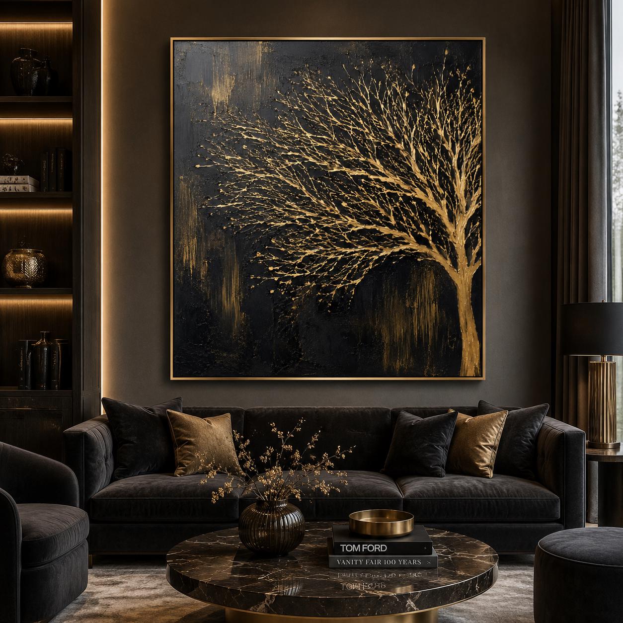 Black Gold Tree Wall Art, Textured Tree Painting, Luxury Abstract Nature Artwork, Modern Metallic Gold Canvas, Contemporary Minimalist Decor