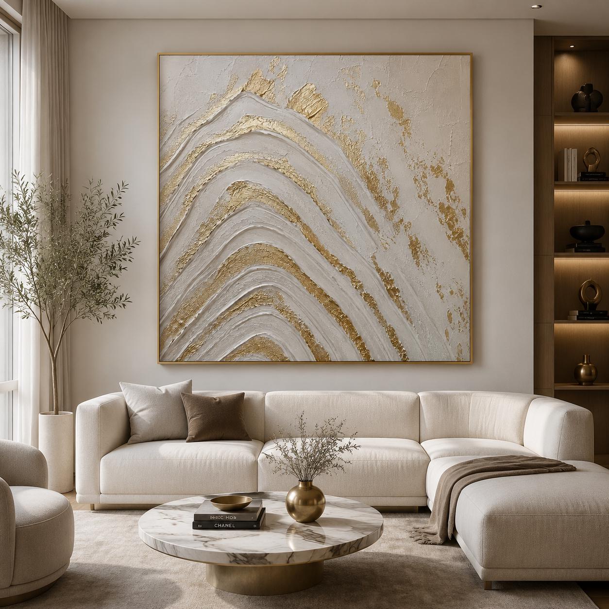 White Gold Abstract Texture Art, Luxury Gold Leaf Wall Art, Modern Minimalist Canvas Painting, Neutral Impasto Artwork